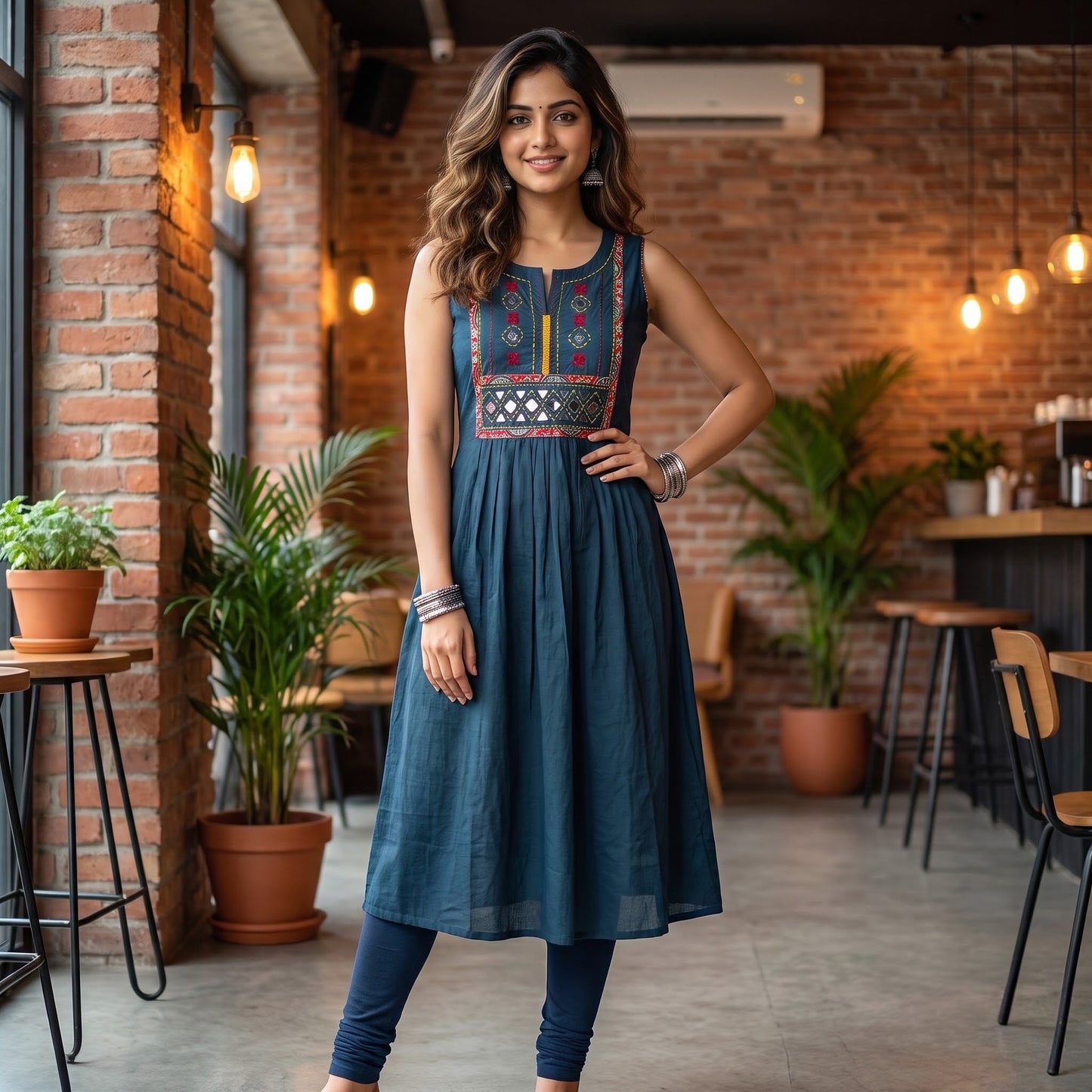 Deep Teal Blue Cotton Sleeveless 2-Piece Flared Kurti Set SKU CAC-K2P-C-TB-1