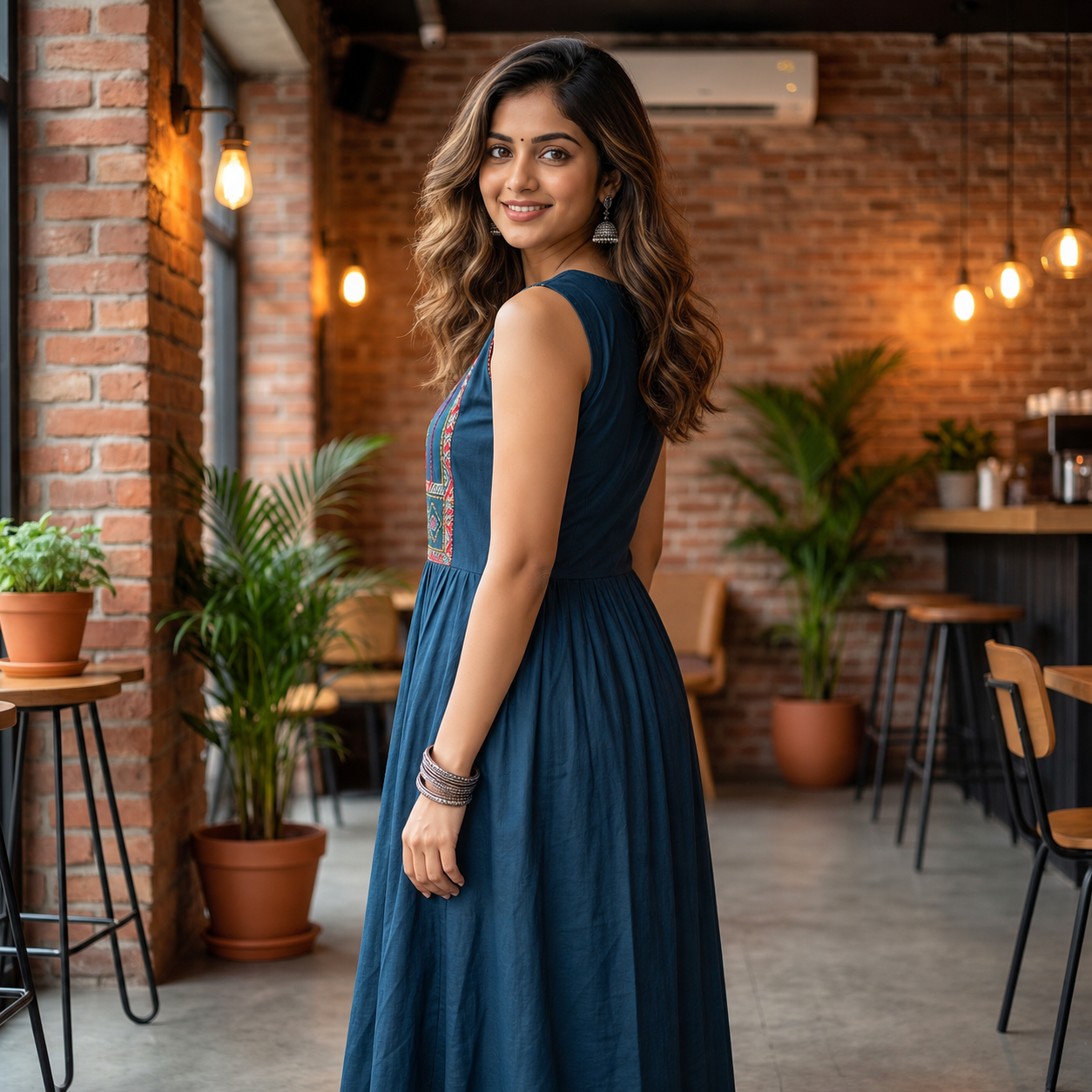 Deep Teal Blue Cotton Sleeveless 2-Piece Flared Kurti Set SKU CAC-K2P-C-TB-1