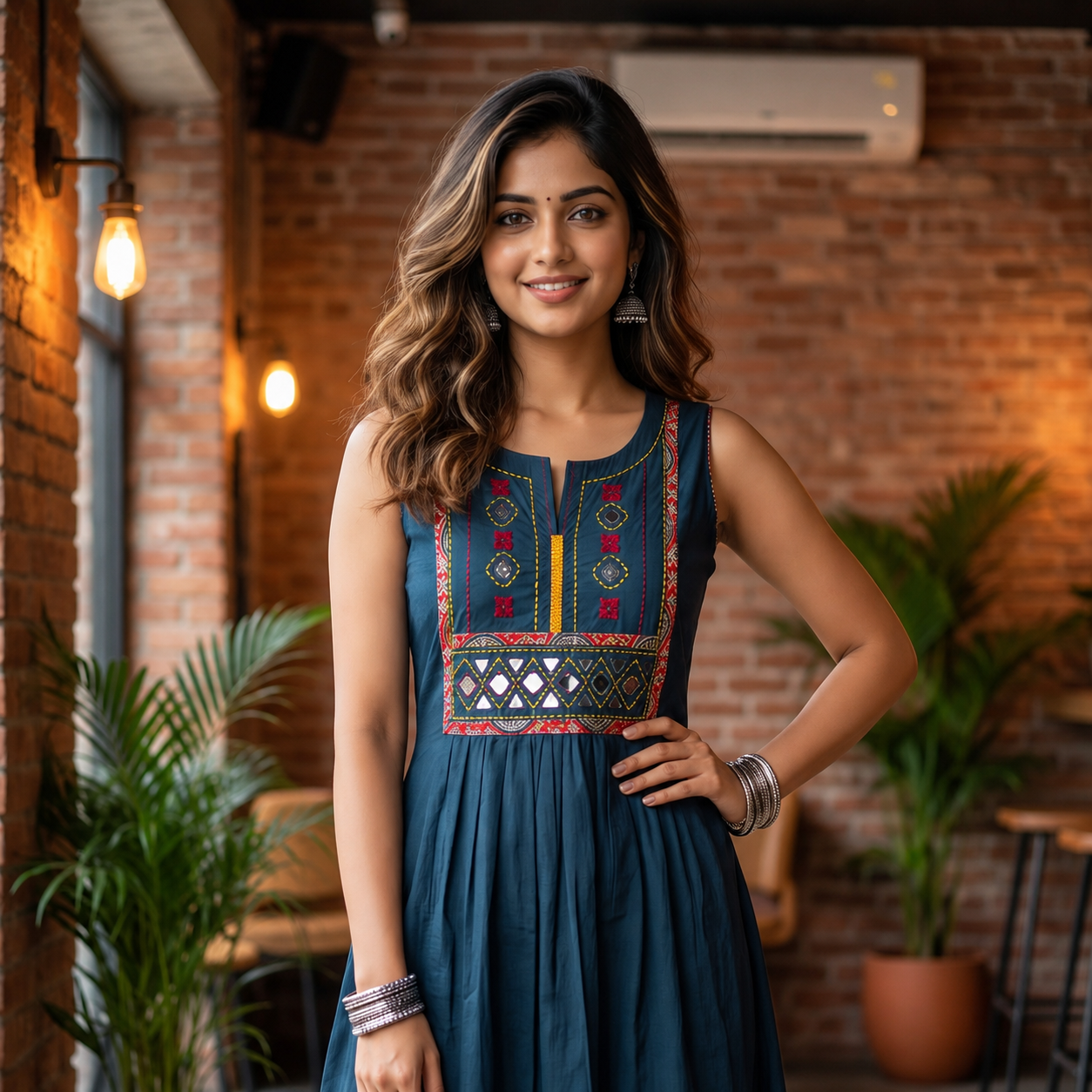 Deep Teal Blue Cotton Sleeveless 2-Piece Flared Kurti Set SKU CAC-K2P-C-TB-1