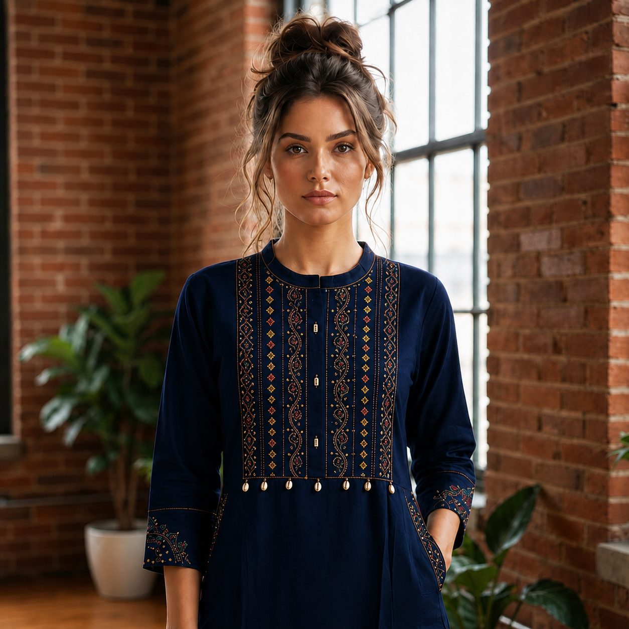 Dark Indigo Cotton 2-Piece Kurti Set with Decorative Front Panel & Matching Bottom SKU CAC-K2P-CS-DI-1