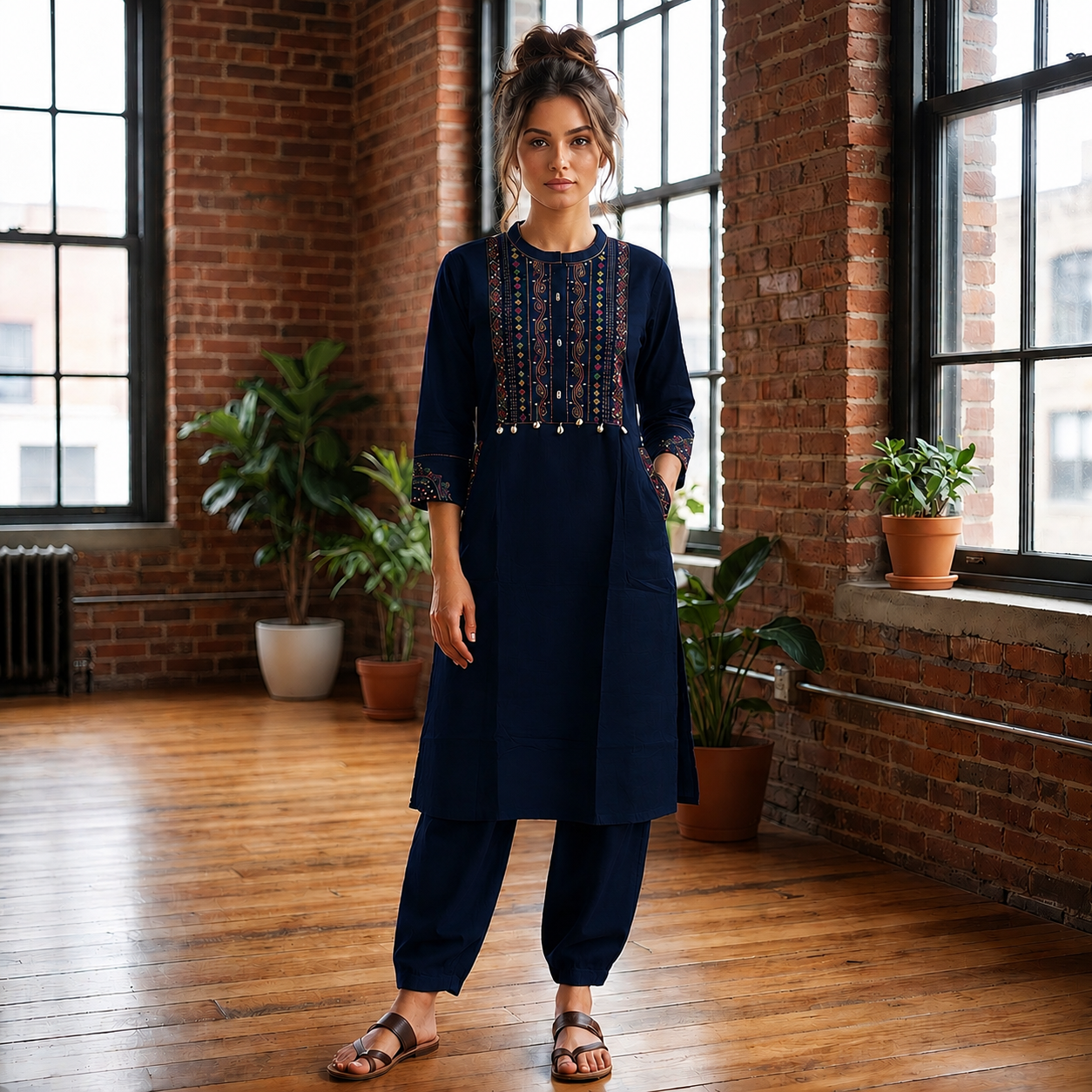 Dark Indigo Cotton 2-Piece Kurti Set with Decorative Front Panel & Matching Bottom SKU CAC-K2P-CS-DI-1