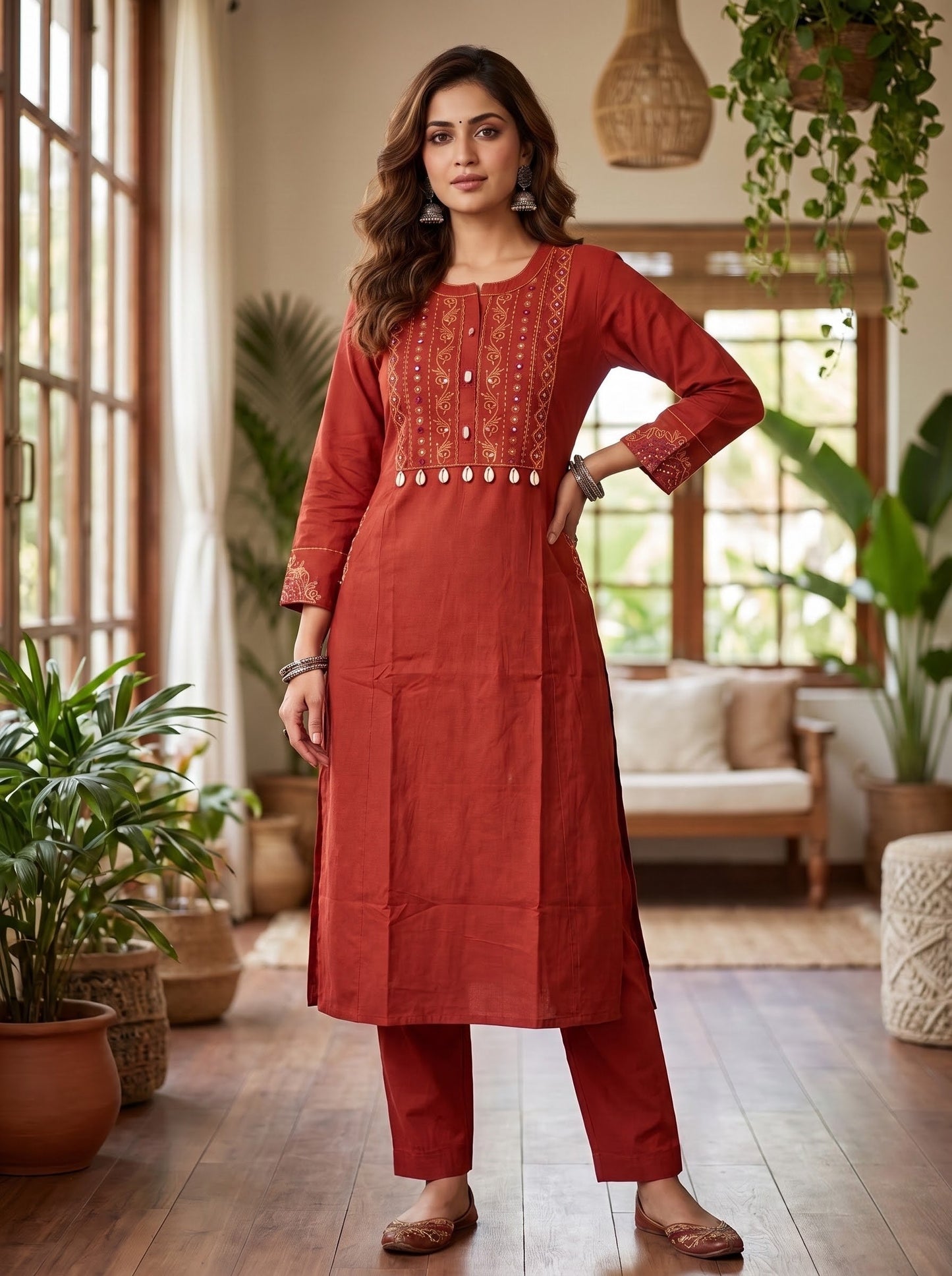 Rust Cotton 2-Piece Kurti Set with Decorative Front Panel & Straight Pants SKU CAC-K2P-CS-R-1