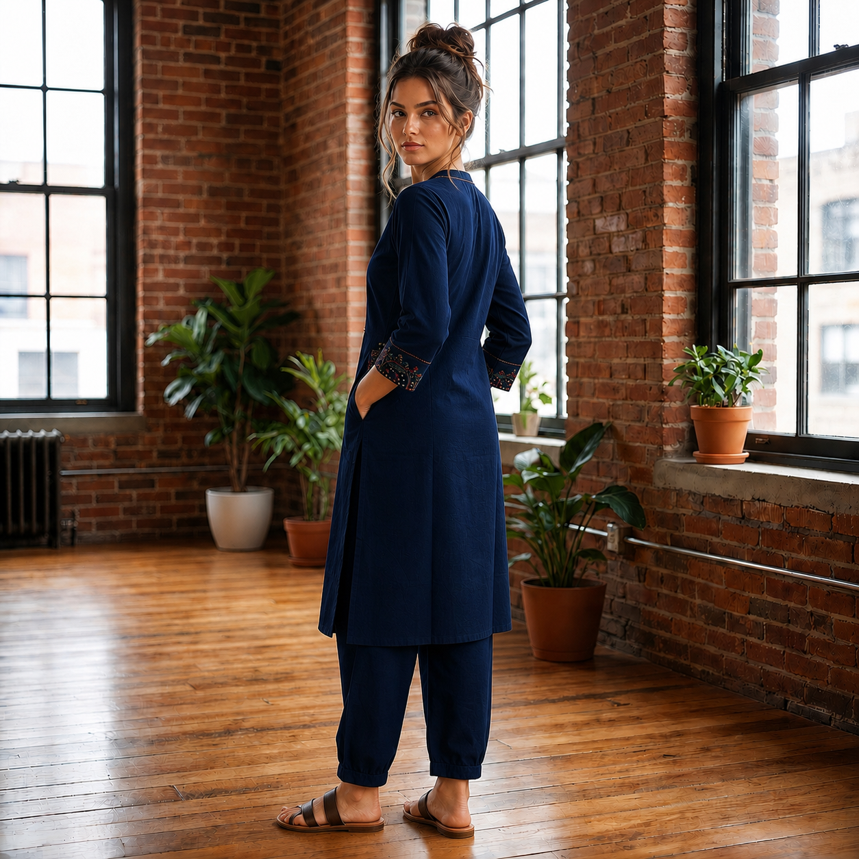Dark Indigo Cotton 2-Piece Kurti Set with Decorative Front Panel & Matching Bottom SKU CAC-K2P-CS-DI-1