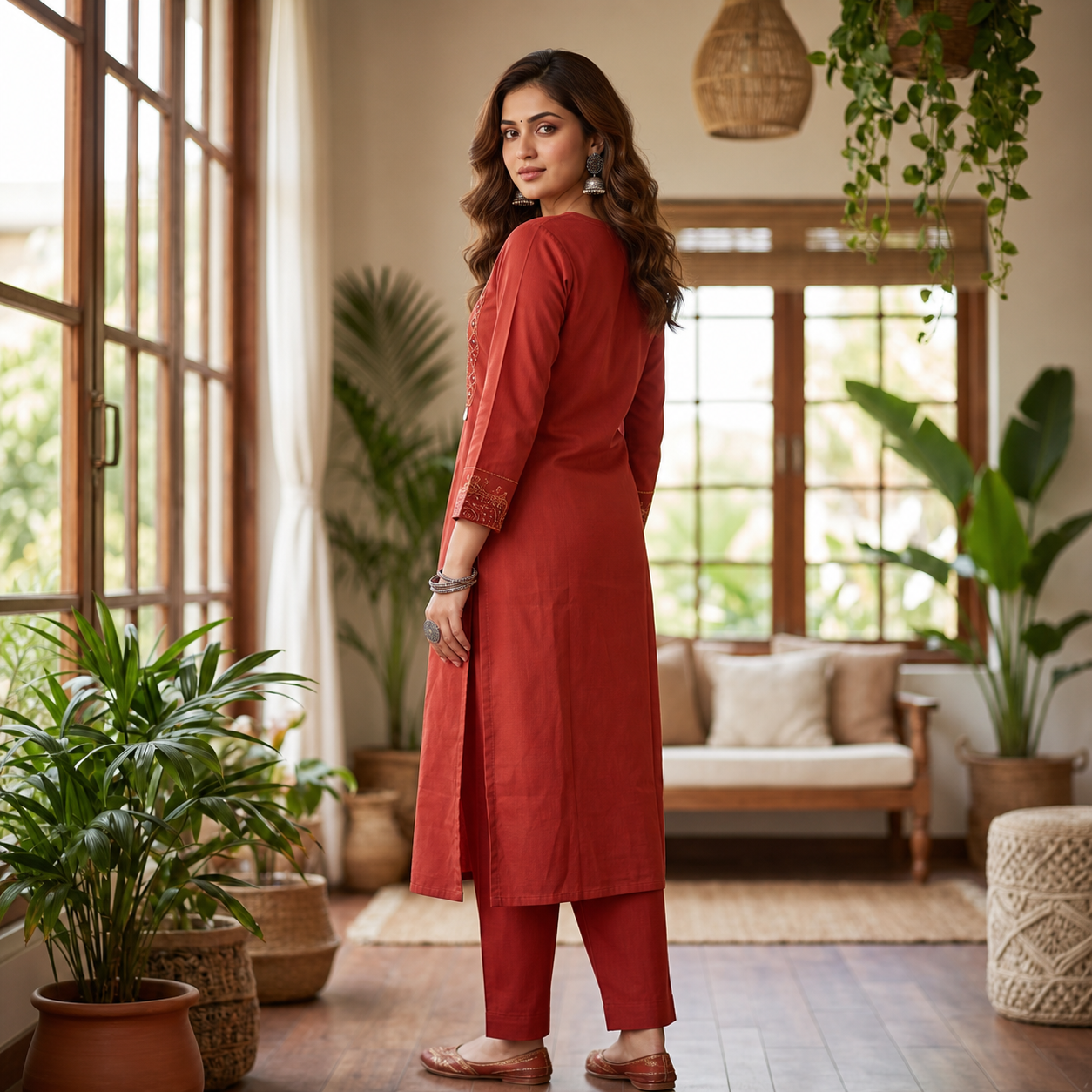 Rust Cotton 2-Piece Kurti Set with Decorative Front Panel & Straight Pants SKU CAC-K2P-CS-R-1