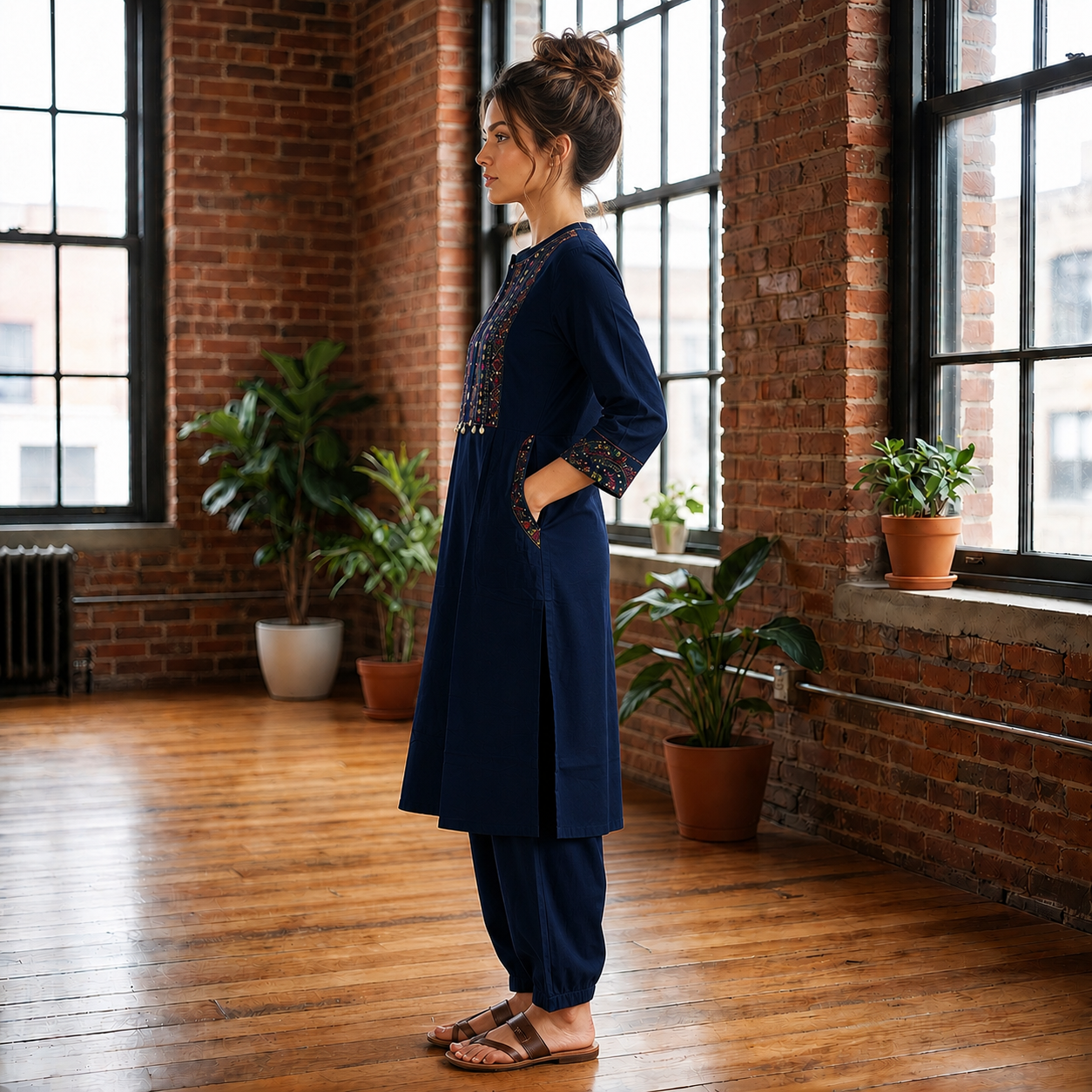 Dark Indigo Cotton 2-Piece Kurti Set with Decorative Front Panel & Matching Bottom SKU CAC-K2P-CS-DI-1