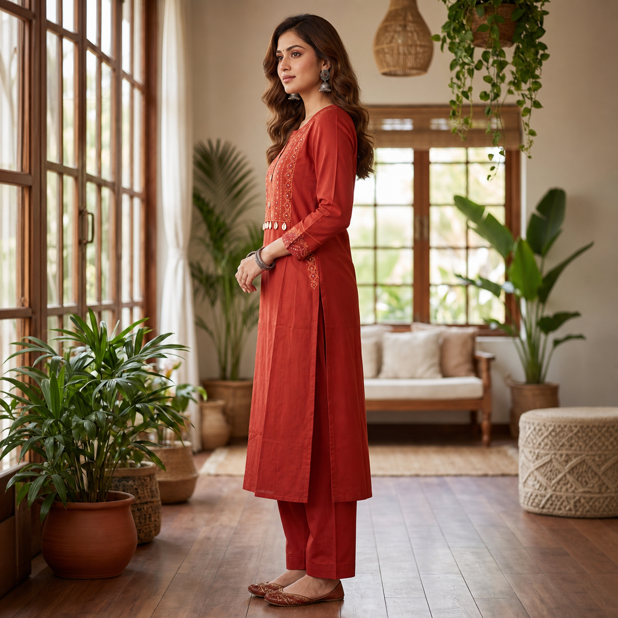 Rust Cotton 2-Piece Kurti Set with Decorative Front Panel & Straight Pants SKU CAC-K2P-CS-R-1