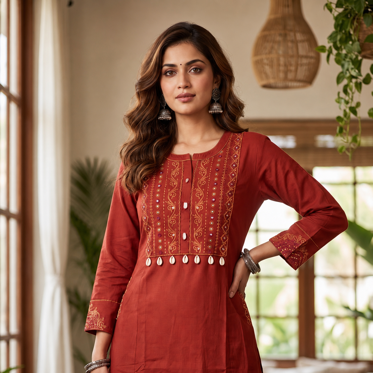 Rust Cotton 2-Piece Kurti Set with Decorative Front Panel & Straight Pants SKU CAC-K2P-CS-R-1