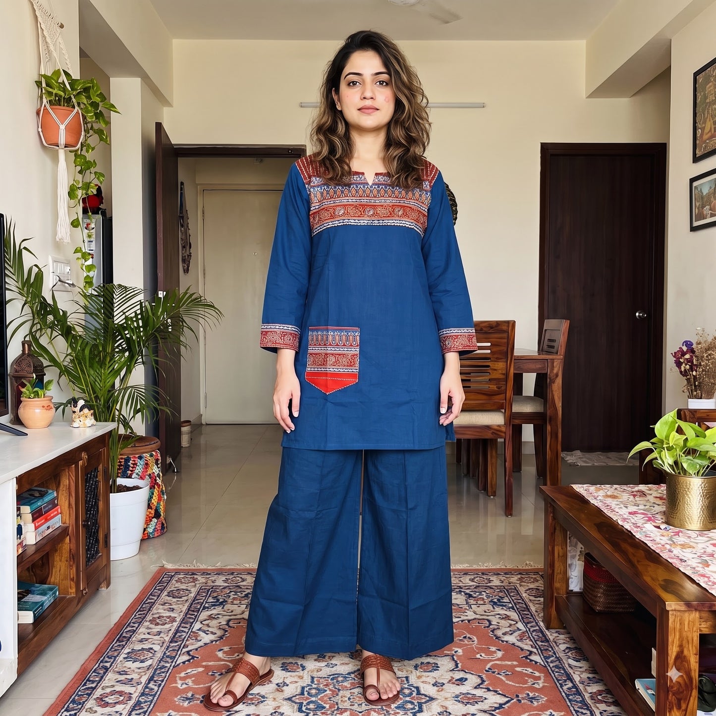 Blue Cotton Printed Yoke 2-Piece Kurti Set with Palazzo SKU CAC-K2P-C-B-1