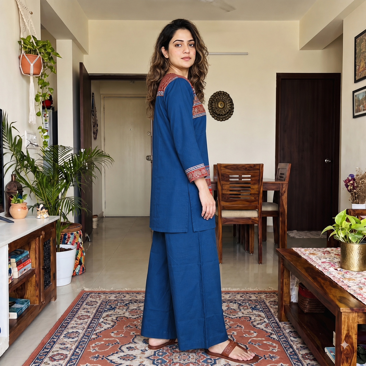 Blue Cotton Printed Yoke 2-Piece Kurti Set with Palazzo SKU CAC-K2P-C-B-1