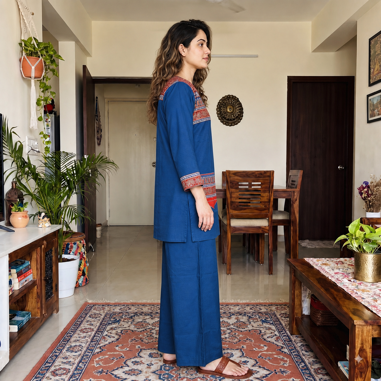 Blue Cotton Printed Yoke 2-Piece Kurti Set with Palazzo SKU CAC-K2P-C-B-1