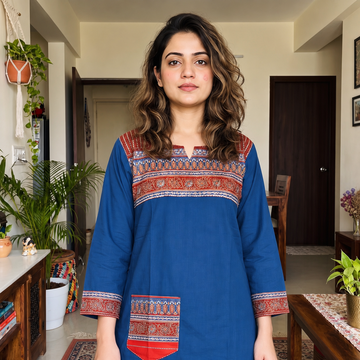 Blue Cotton Printed Yoke 2-Piece Kurti Set with Palazzo SKU CAC-K2P-C-B-1