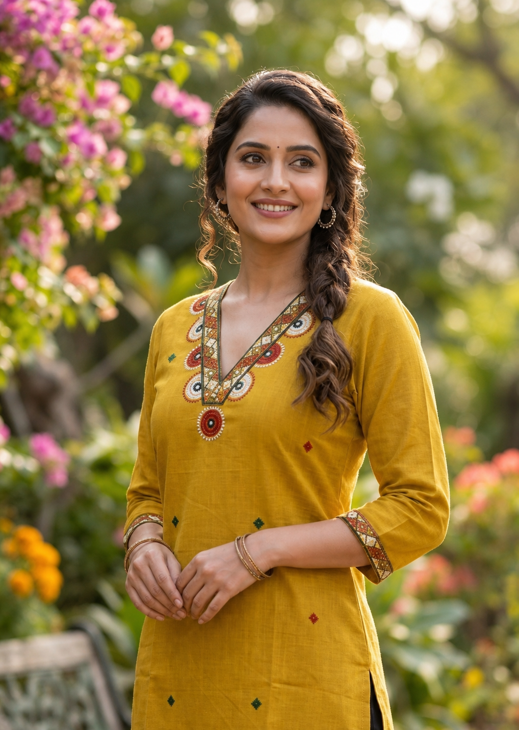 Kurti Long Cotton Slub Work SKU - CAC-KL-CSW-Y-1084