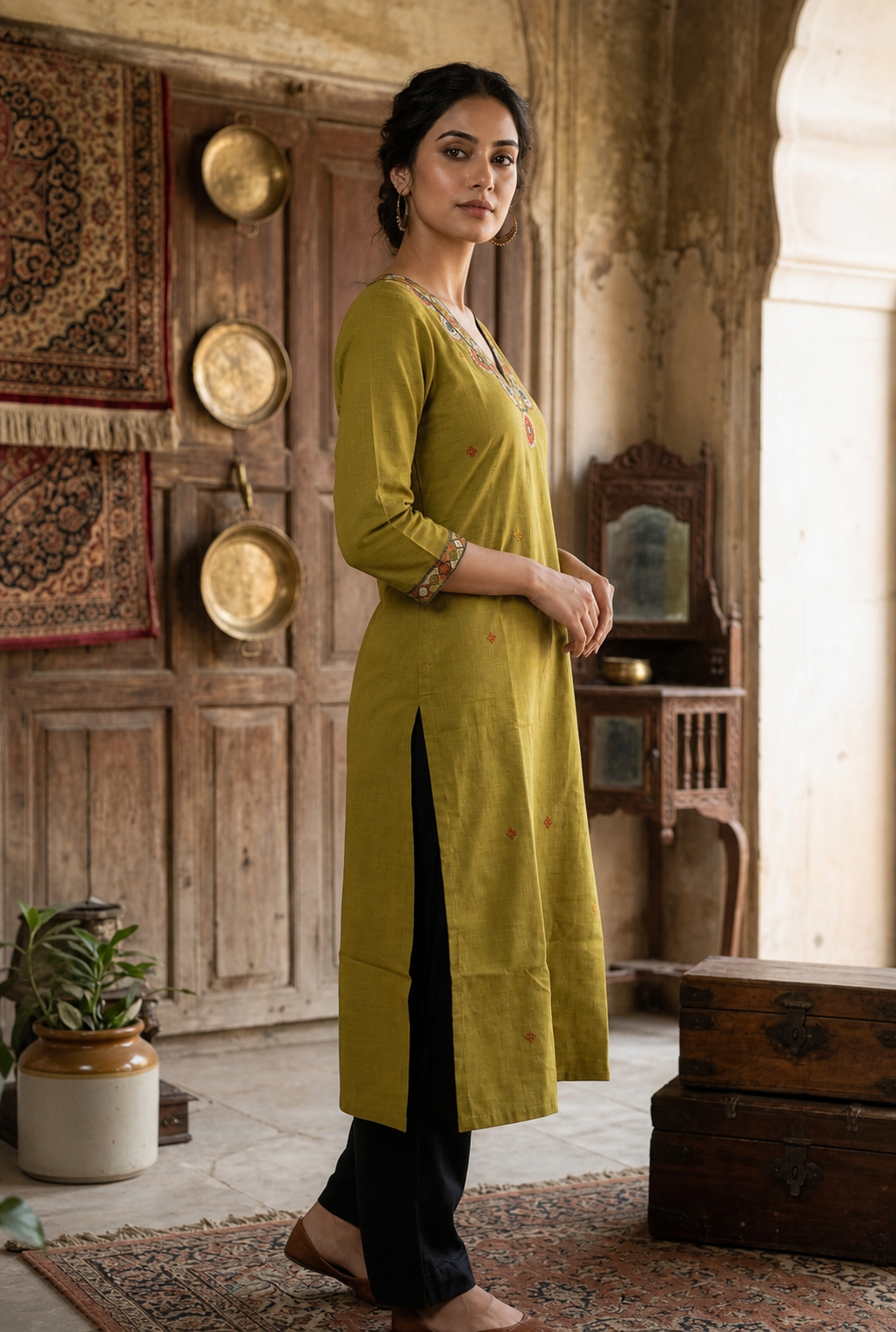 Kurti Long Cotton Slub Work SKU - CAC-KL-CSW-OG-1084
