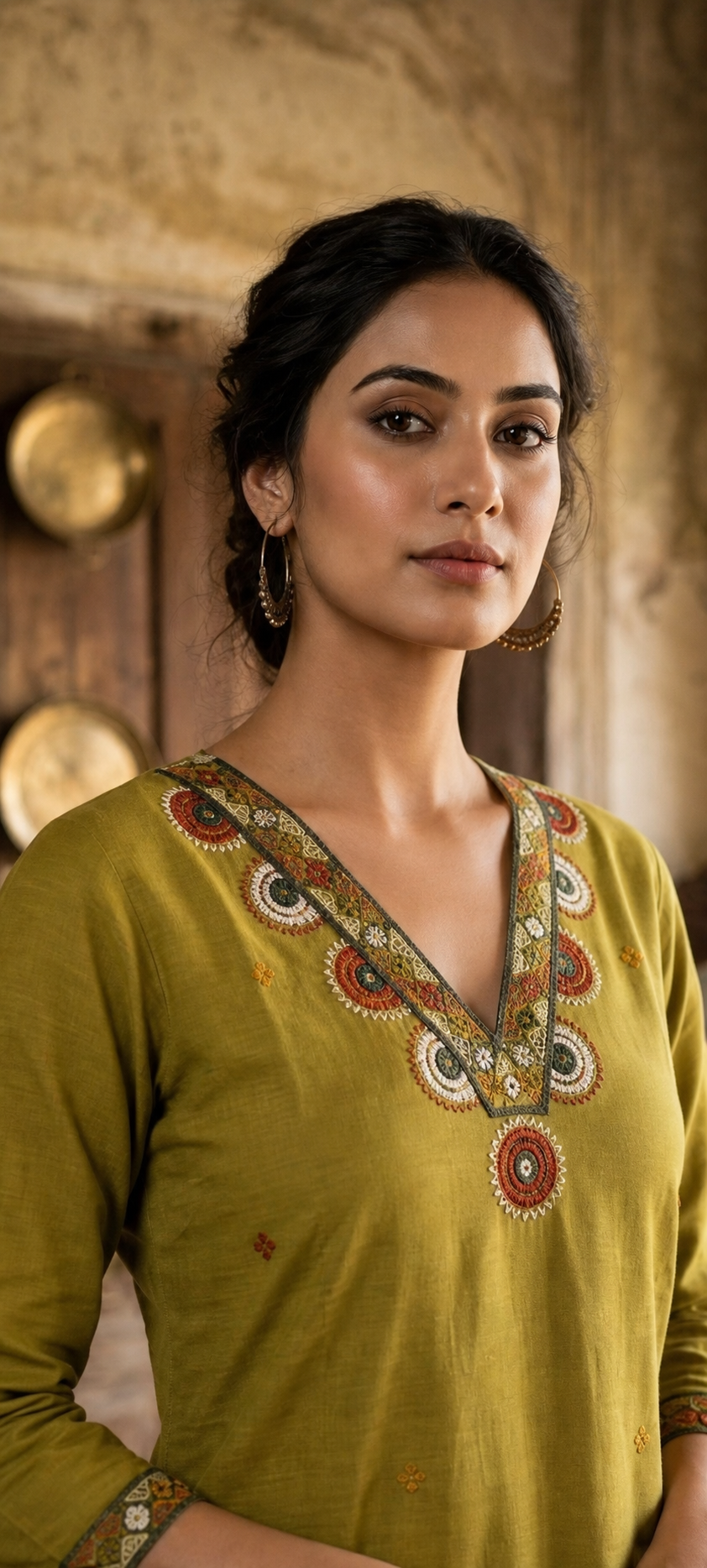 Kurti Long Cotton Slub Work SKU - CAC-KL-CSW-OG-1084