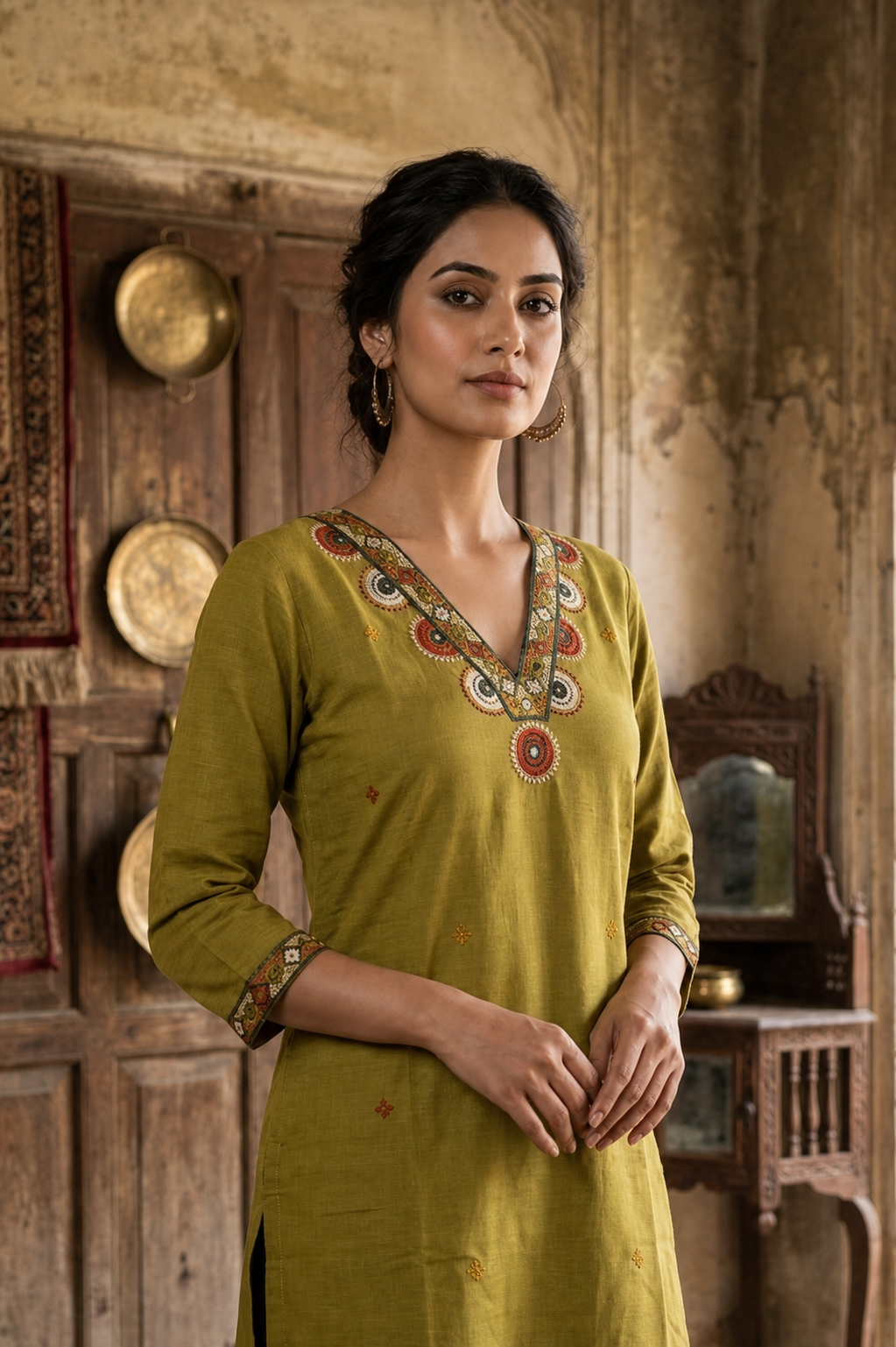 Kurti Long Cotton Slub Work SKU - CAC-KL-CSW-OG-1084