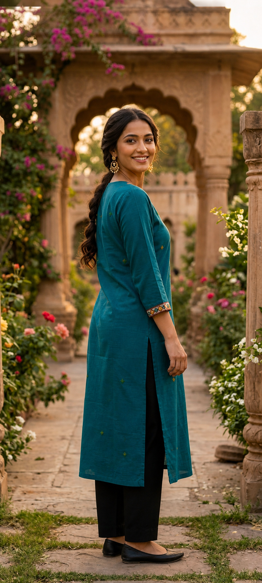 Kurti Long Cotton Slub Work SKU - CAC-KL-CSW-B-1084