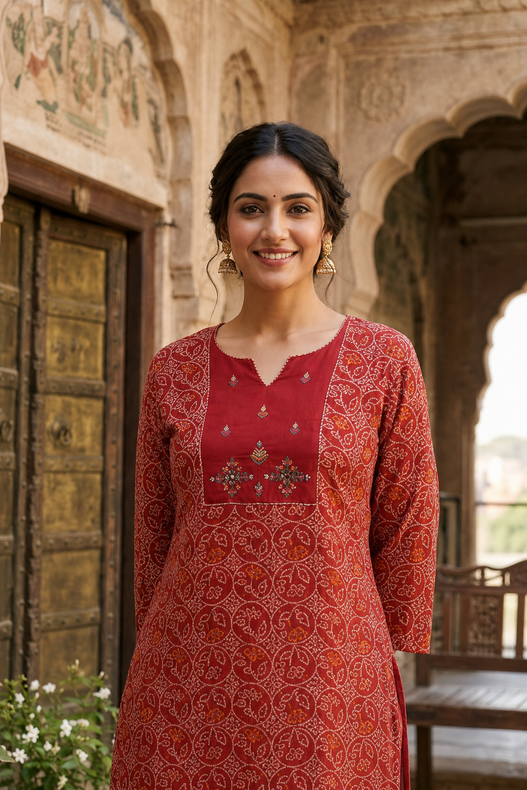 Rust Red Bandhani Modal Short Kurti for Women CAC-KS-BM-R-142