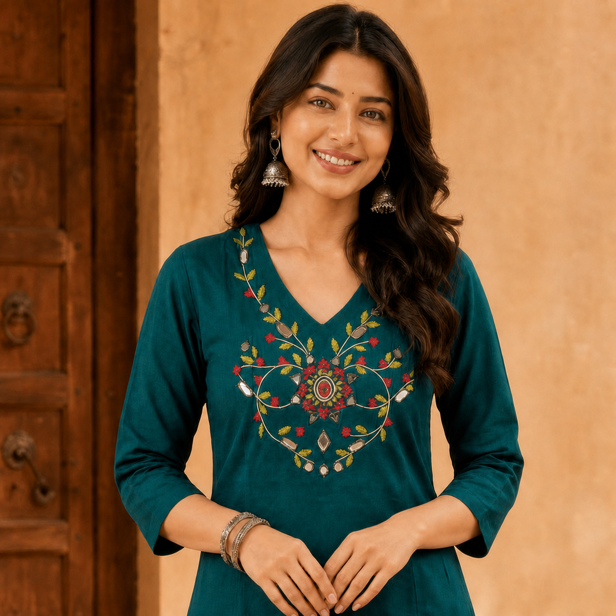 Cotton Kurti with Embroidered V-Neck & 34 Sleeves SKU CAC-KL-C-T-1