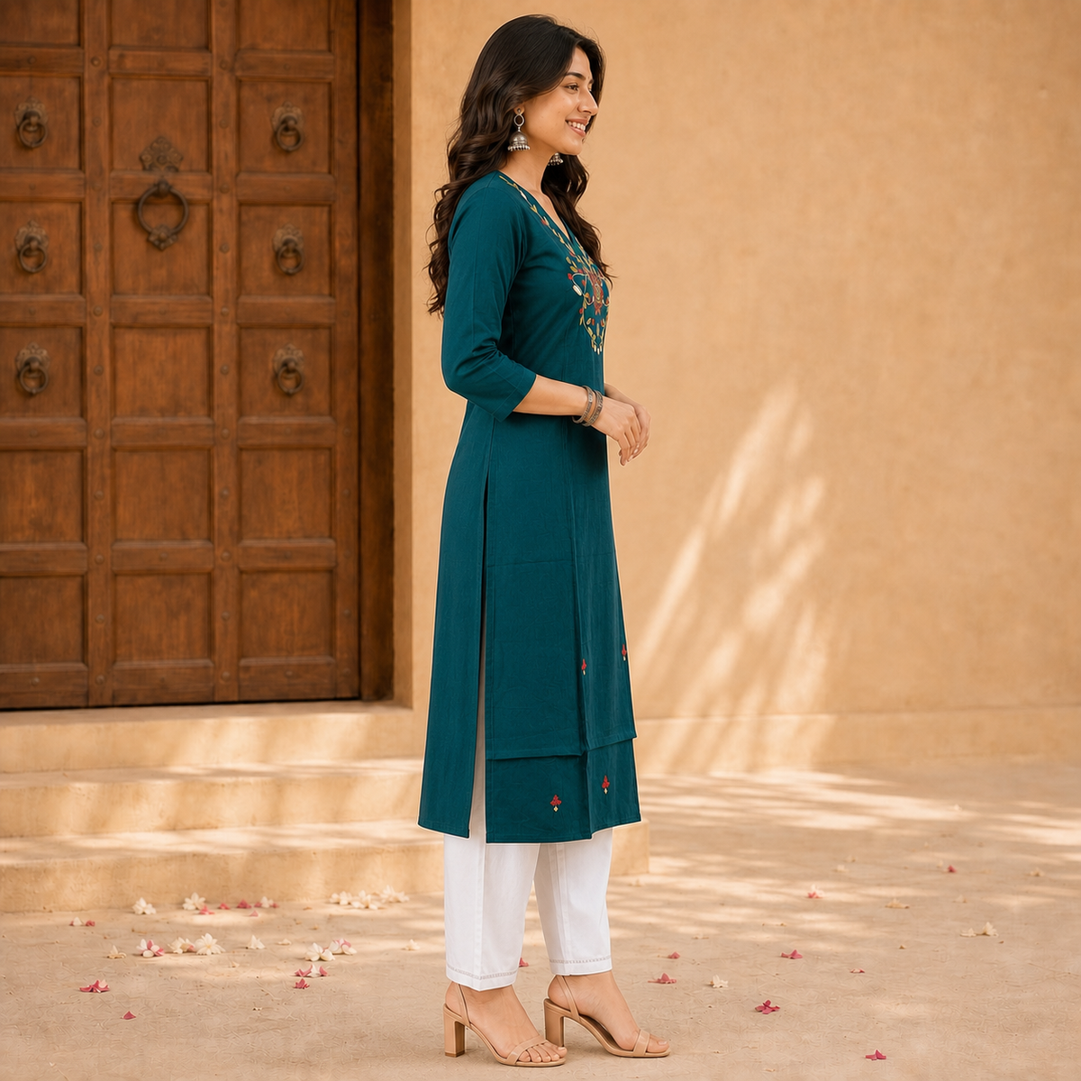 Cotton Kurti with Embroidered V-Neck & 34 Sleeves SKU CAC-KL-C-T-1