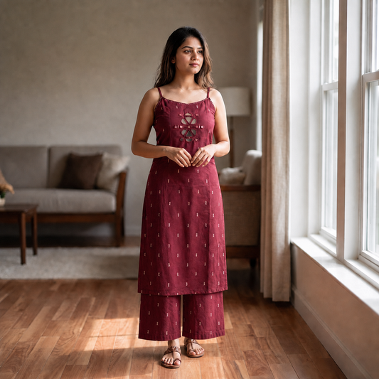 Maroon Cotton Sleeveless 2-Piece Co-ord Set with Matching Straight Pants SKU CAC-K2P-SL-M-1