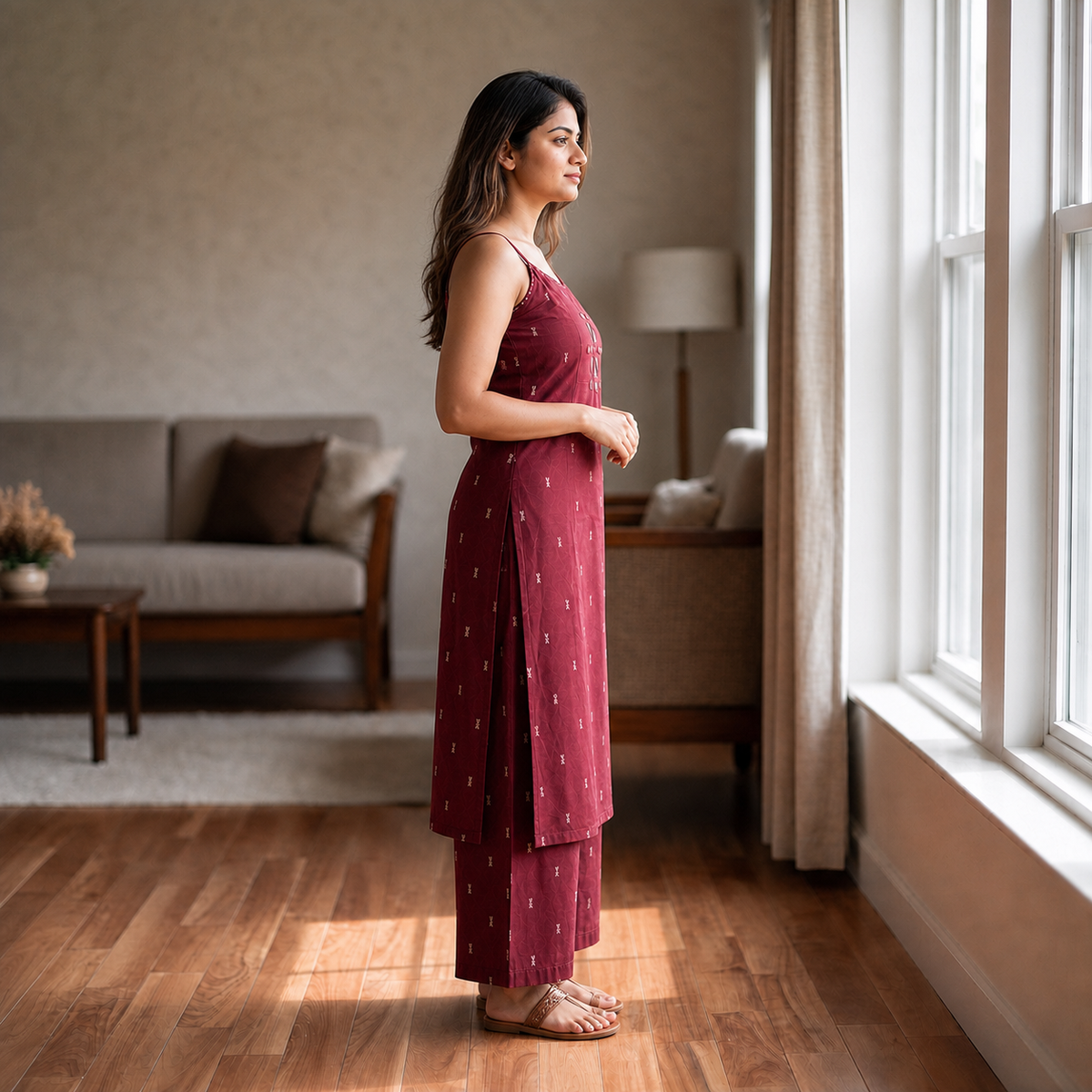 Maroon Cotton Sleeveless 2-Piece Co-ord Set with Matching Straight Pants SKU CAC-K2P-SL-M-1