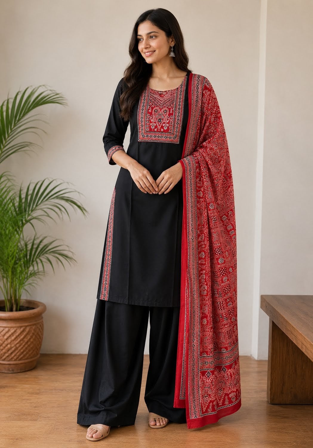 Women's Black Dhabu Cotton Kanch Work 3-Piece Suit Set with Printed Dupatta & Palazzo SKU CAC-K3P-DC-B-1