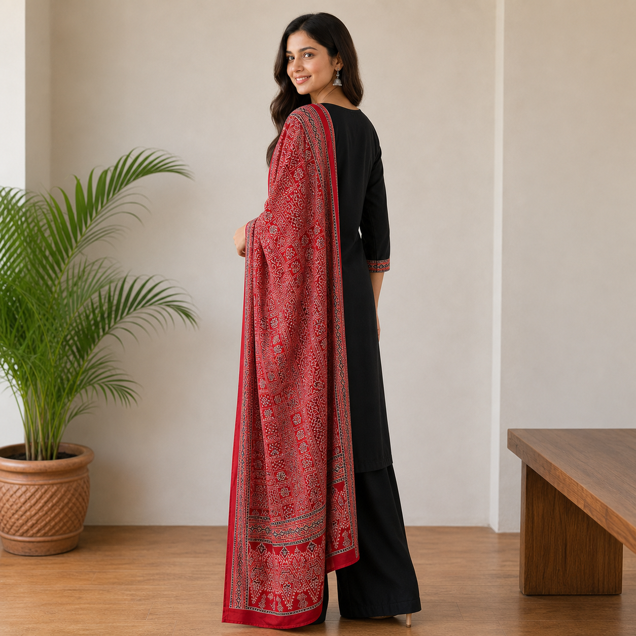 Women's Black Dhabu Cotton Kanch Work 3-Piece Suit Set with Printed Dupatta & Palazzo SKU CAC-K3P-DC-B-1