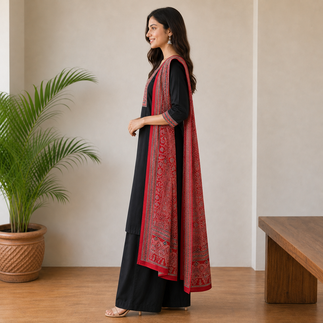 Women's Black Dhabu Cotton Kanch Work 3-Piece Suit Set with Printed Dupatta & Palazzo SKU CAC-K3P-DC-B-1