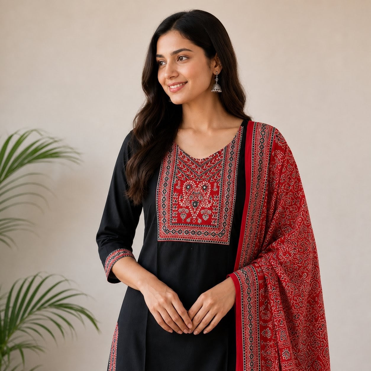 Women's Black Dhabu Cotton Kanch Work 3-Piece Suit Set with Printed Dupatta & Palazzo SKU CAC-K3P-DC-B-1