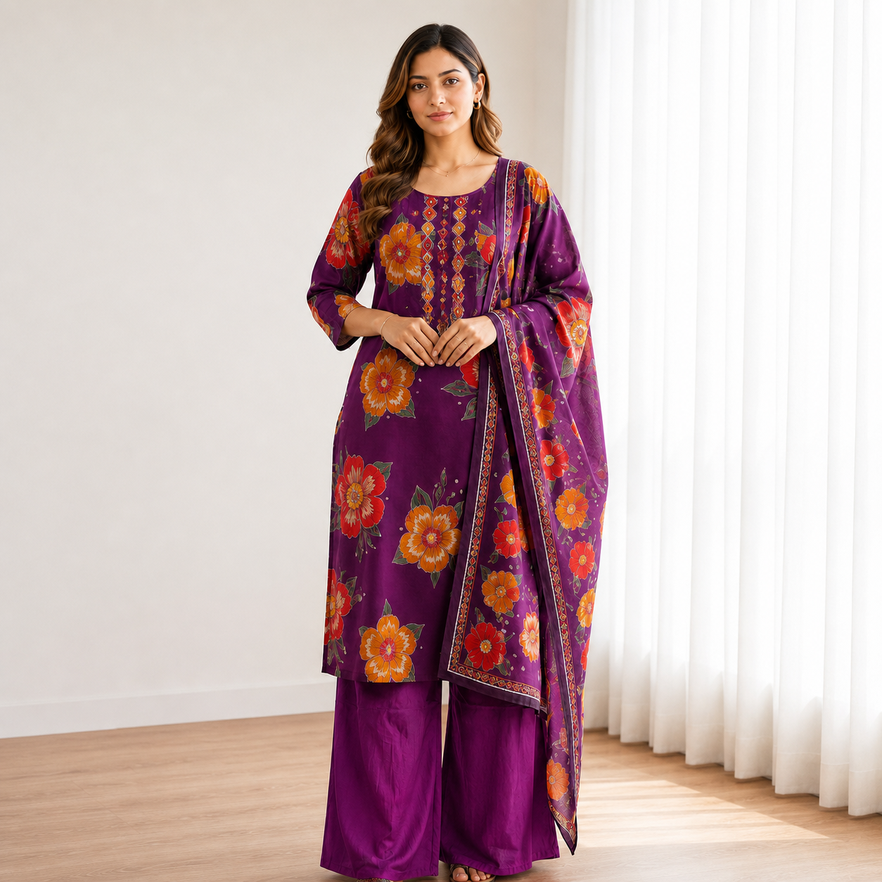 Women's Purple Floral Printed Cotton 3-Piece Kurti Set with Palazzo & Matching Dupatta SKU CAC-K3P-P-1