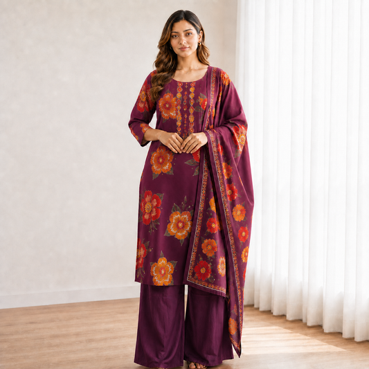 Women's Purple Floral Printed Cotton 3-Piece Kurti Set with Palazzo & Matching Dupatta SKU CAC-K3P-P-1