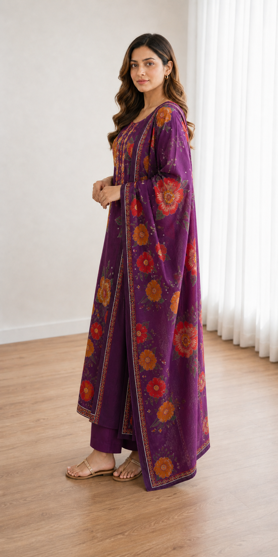 Women's Purple Floral Printed Cotton 3-Piece Kurti Set with Palazzo & Matching Dupatta SKU CAC-K3P-P-1