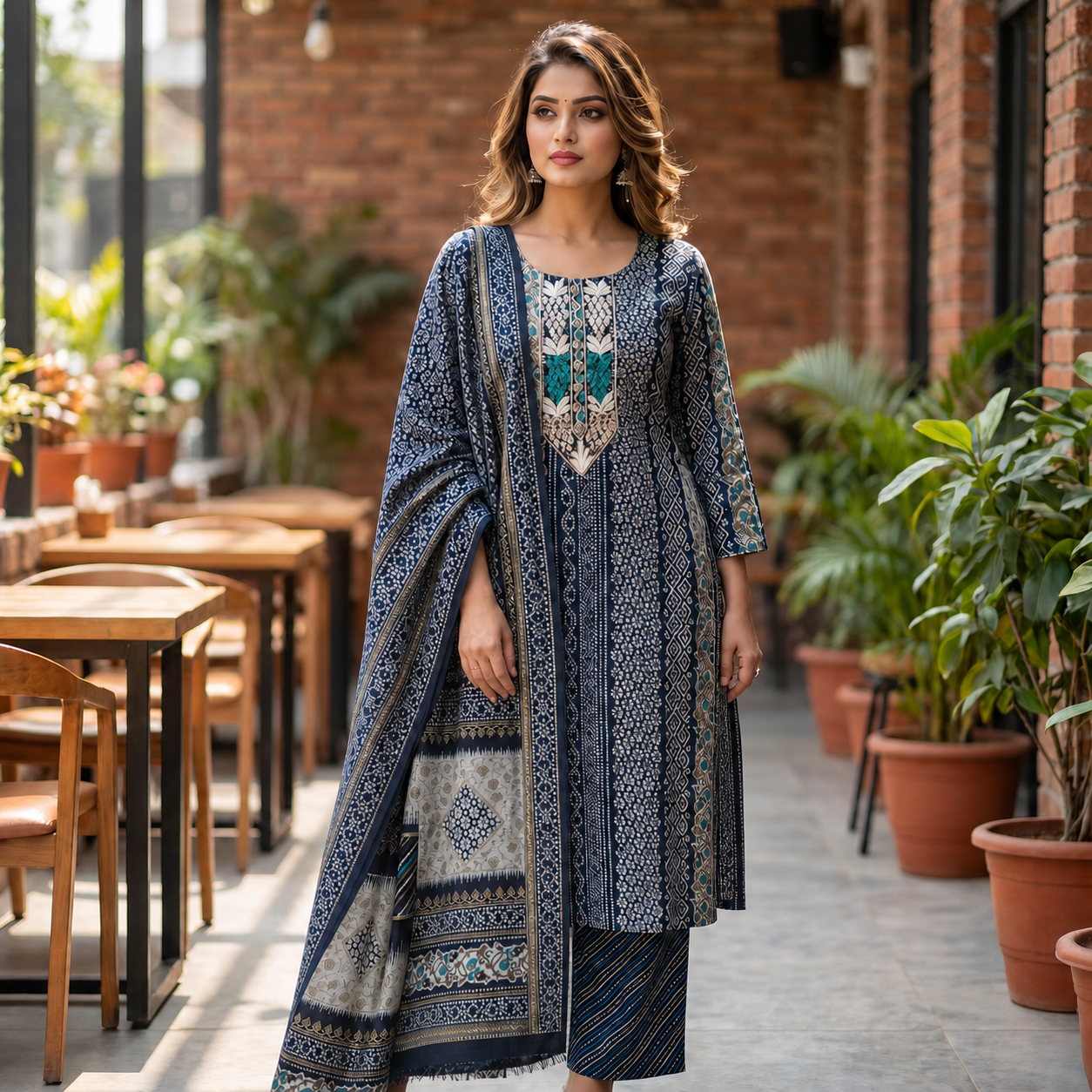 Women's Navy Blue Printed Cotton 3-Piece Kurti Set with Palazzo & Matching Dupatta SKU CAC-K3P-NB-1