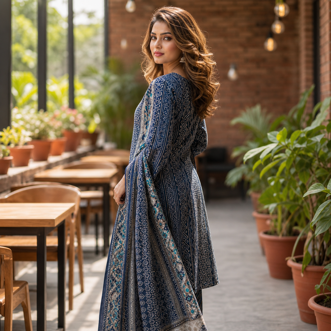 Women's Navy Blue Printed Cotton 3-Piece Kurti Set with Palazzo & Matching Dupatta SKU CAC-K3P-NB-1