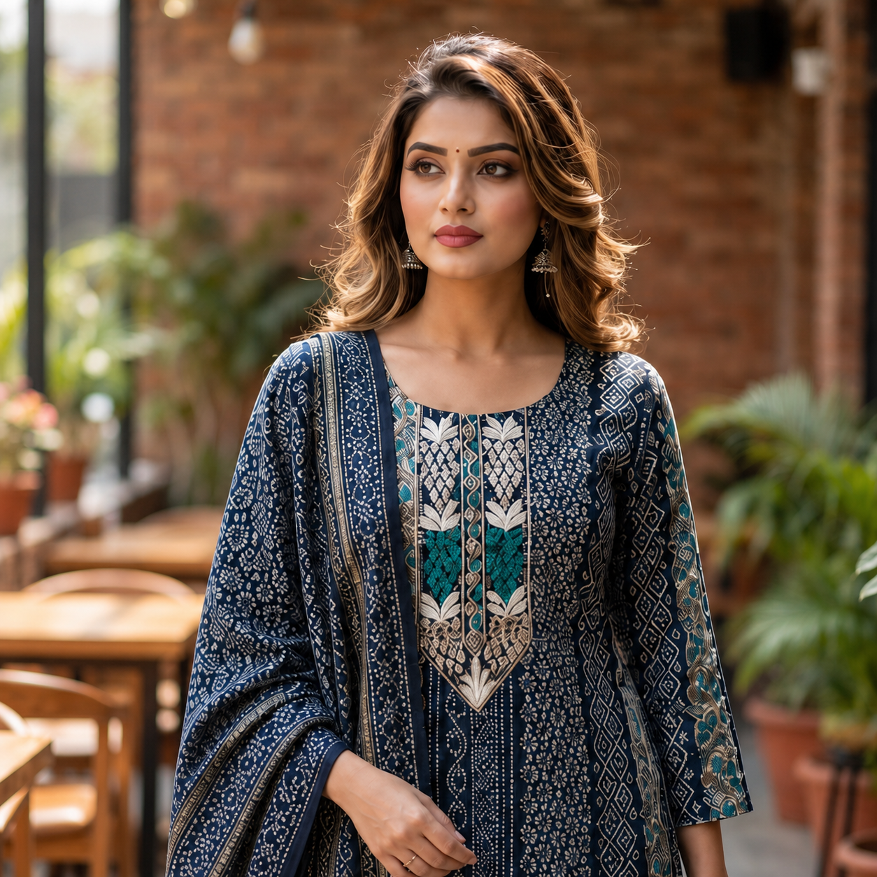 Women's Navy Blue Printed Cotton 3-Piece Kurti Set with Palazzo & Matching Dupatta SKU CAC-K3P-NB-1