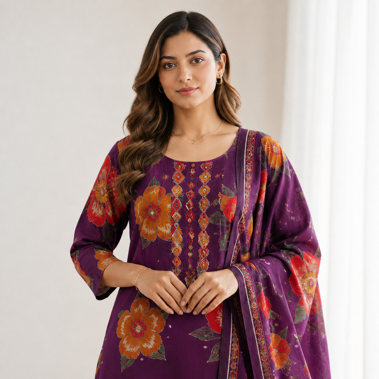 Women's Purple Floral Printed Cotton 3-Piece Kurti Set with Palazzo & Matching Dupatta SKU CAC-K3P-P-1