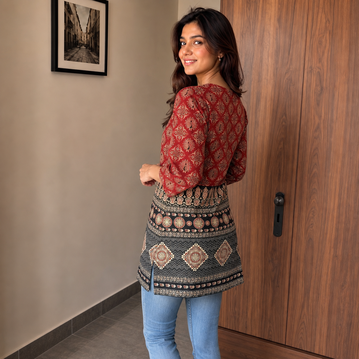 Maroon Printed Kurti with V-Neck & 34 Sleeves SKU CAC-KS-CP-M-1