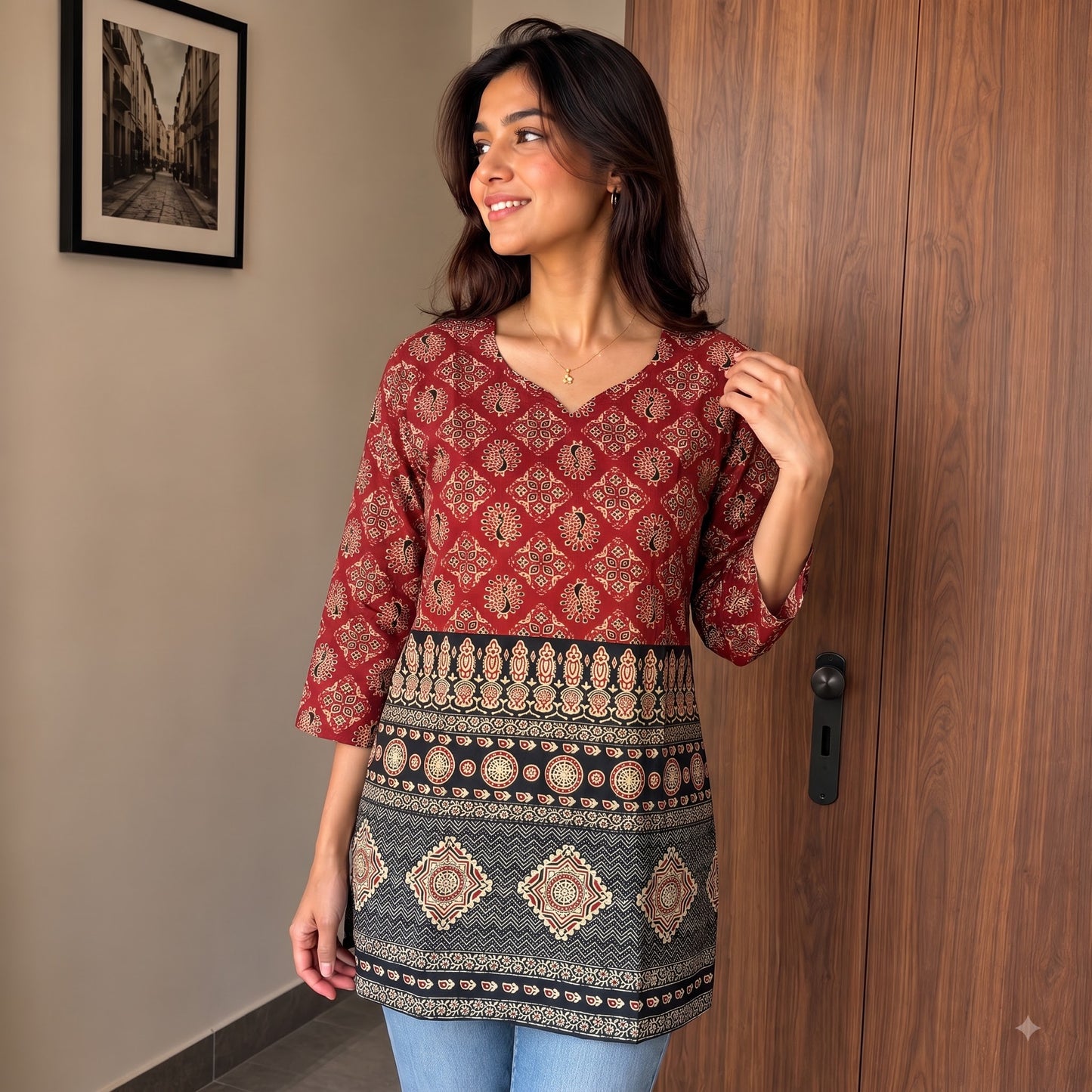 Maroon Printed Kurti with V-Neck & 34 Sleeves SKU CAC-KS-CP-M-1