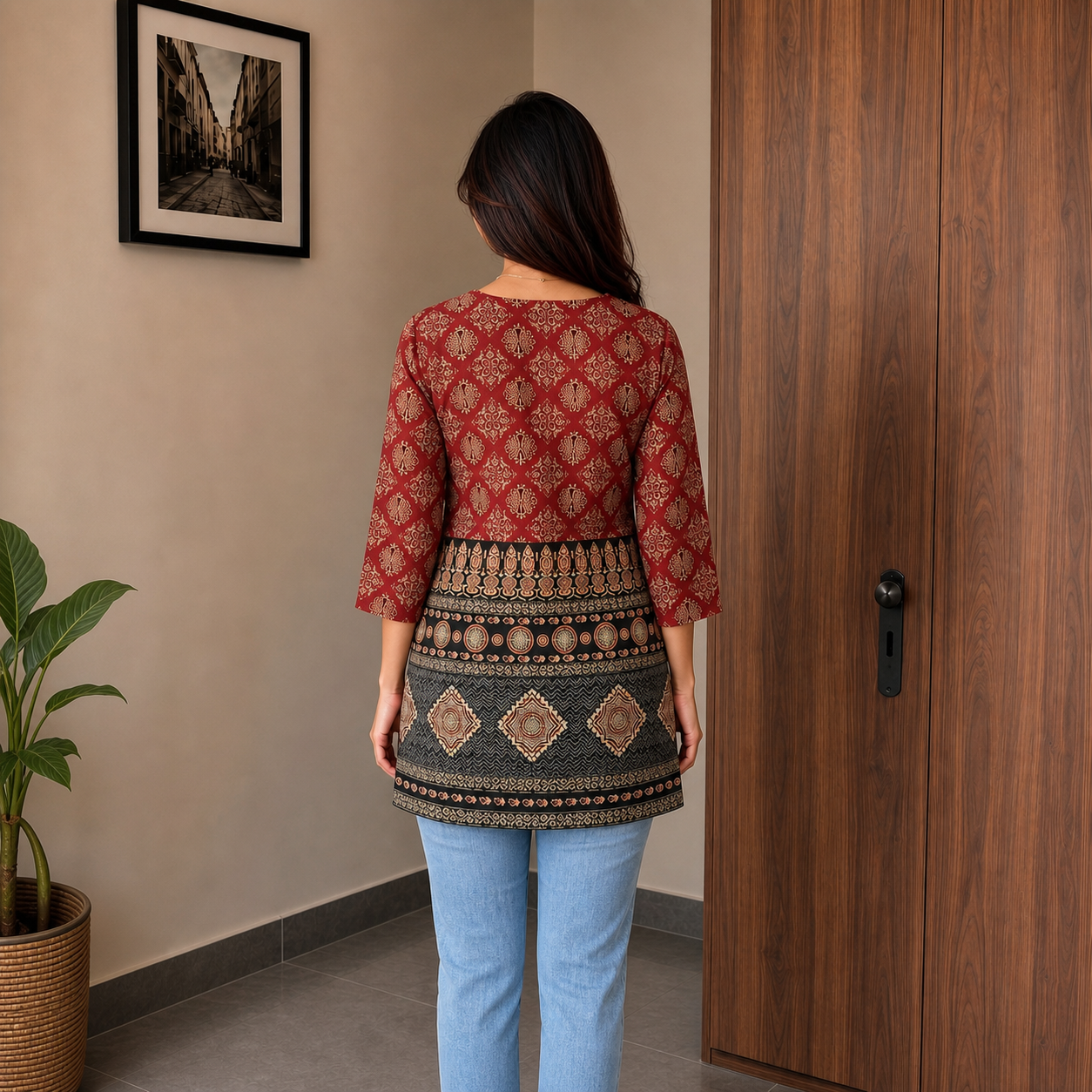 Maroon Printed Kurti with V-Neck & 34 Sleeves SKU CAC-KS-CP-M-1