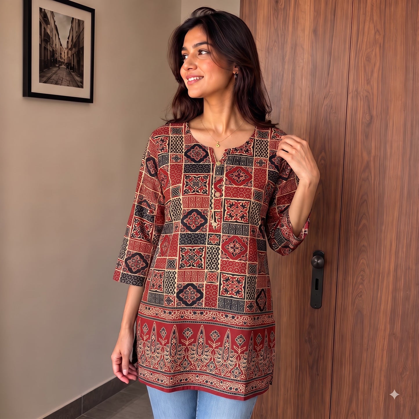 Maroon Printed Kurti with V-Neck & 34 Sleeves SKU CAC-KS-CP-M-2