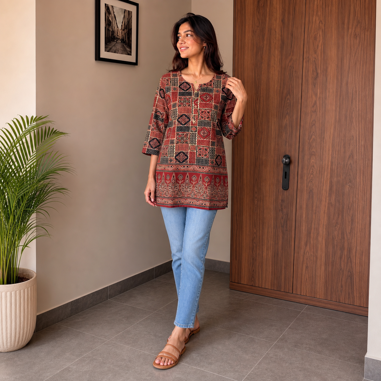 Maroon Printed Kurti with V-Neck & 34 Sleeves SKU CAC-KS-CP-M-2