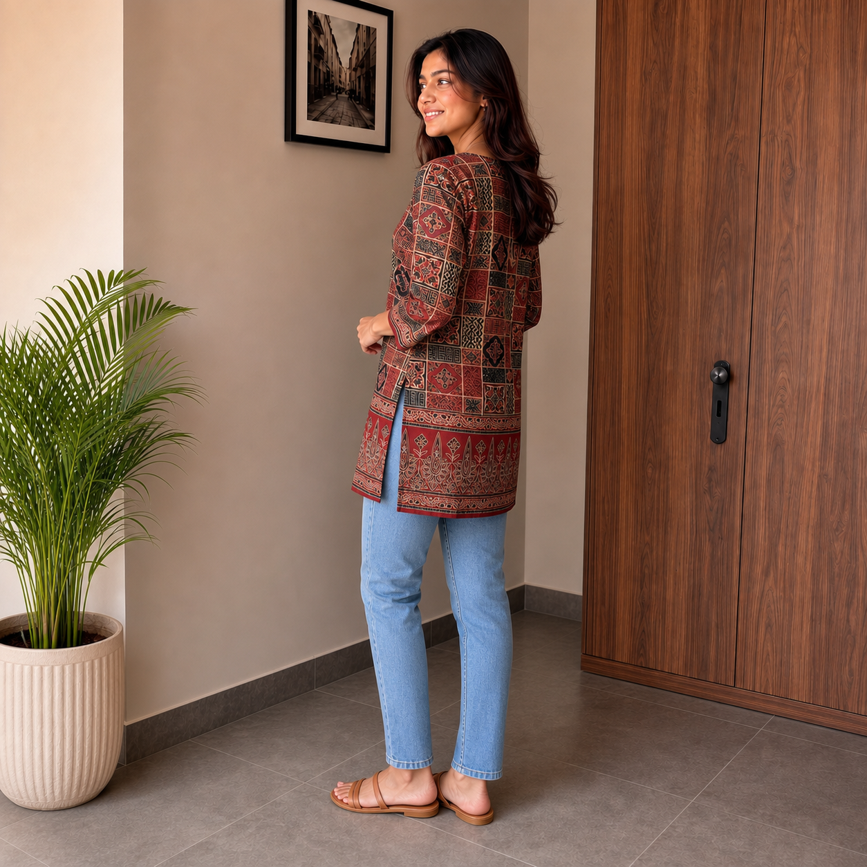 Maroon Printed Kurti with V-Neck & 34 Sleeves SKU CAC-KS-CP-M-2