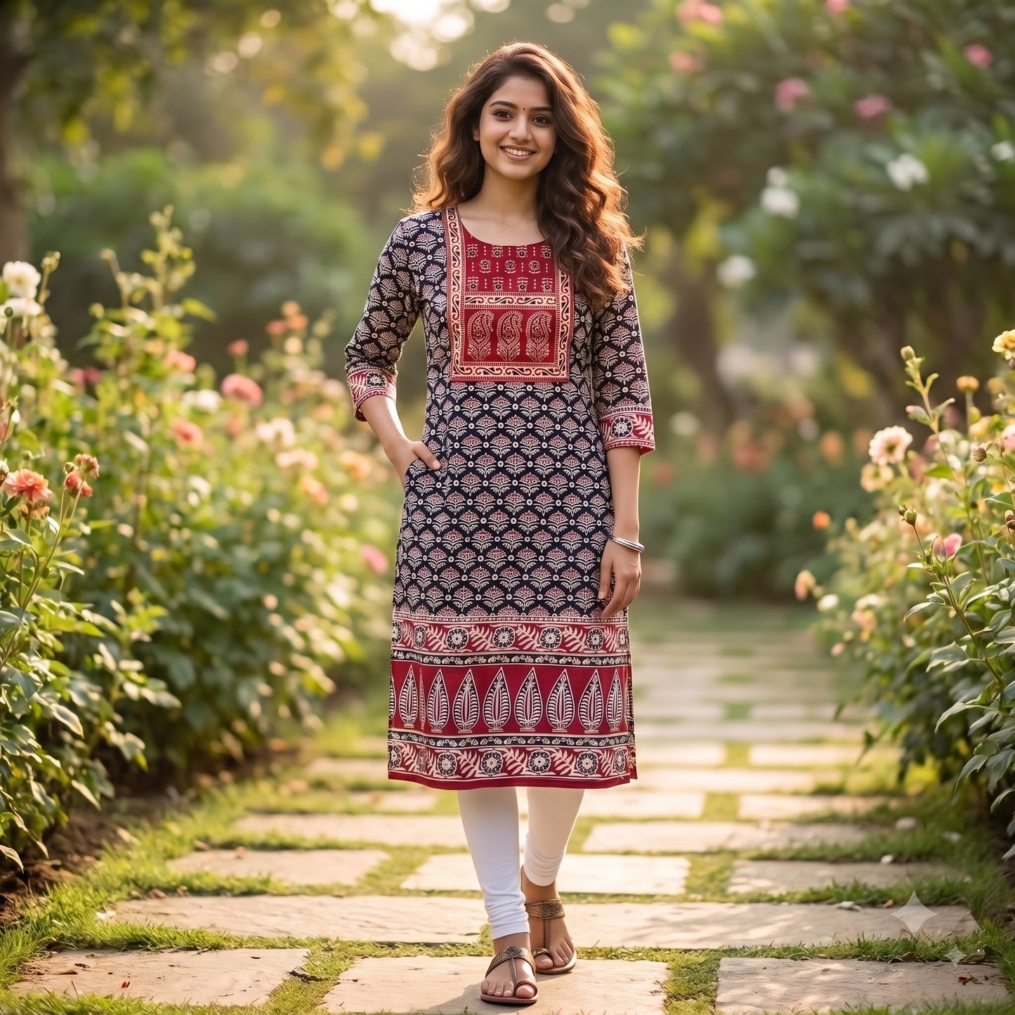 Women's Navy Blue & Maroon Ajrakh Cotton Straight Kurti with Printed Yoke SKU CAC-KL-AC-NM-1