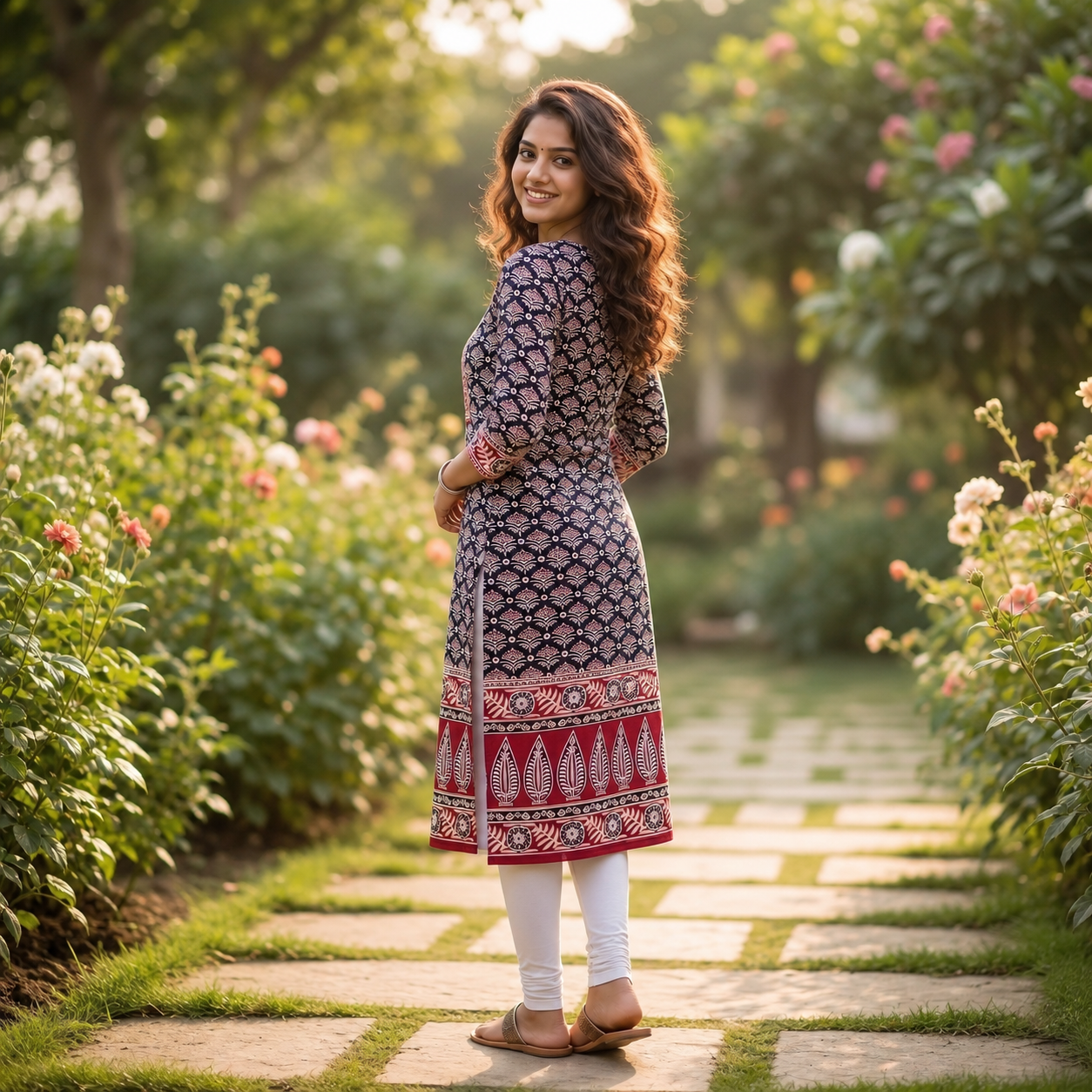 Women's Navy Blue & Maroon Ajrakh Cotton Straight Kurti with Printed Yoke SKU CAC-KL-AC-NM-1