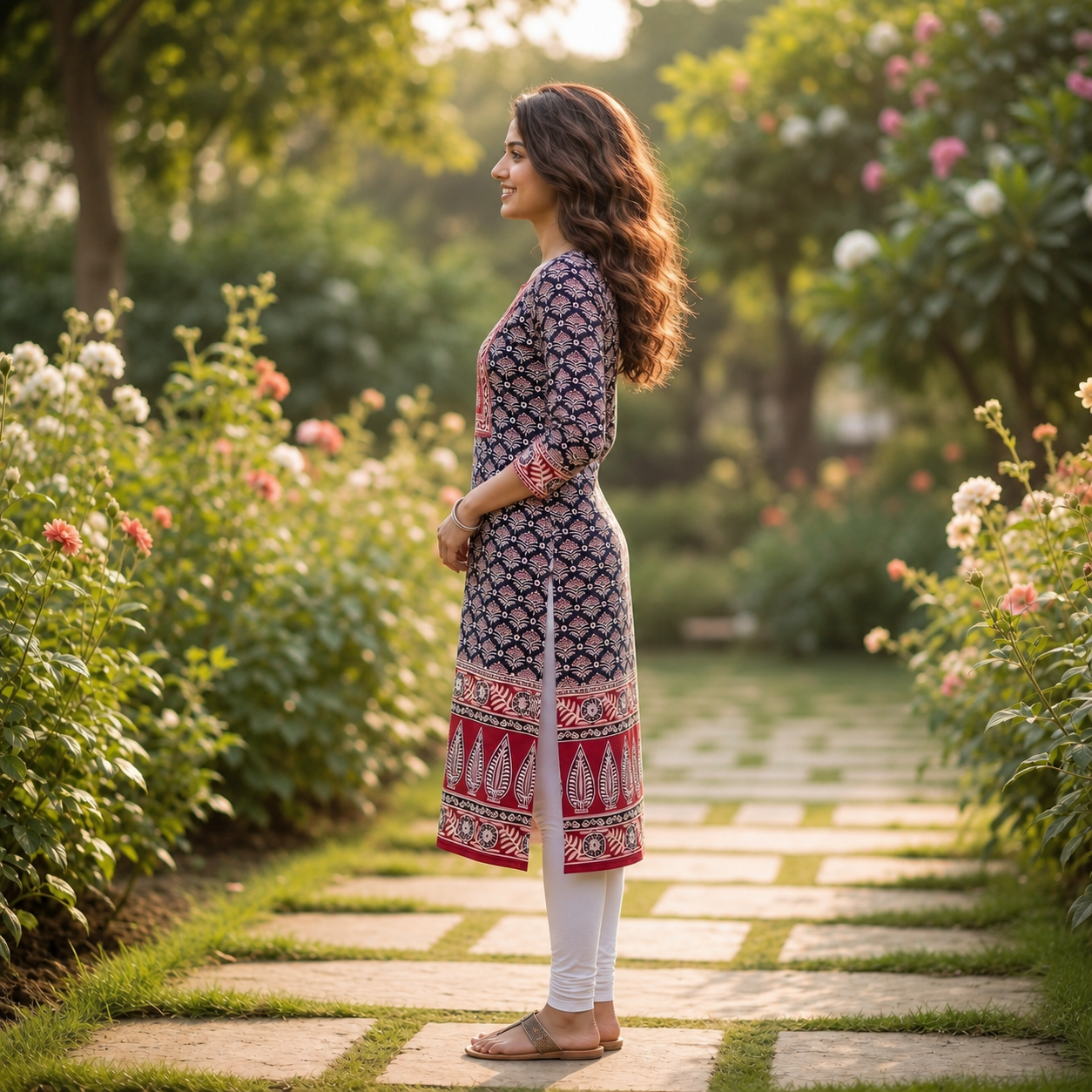 Women's Navy Blue & Maroon Ajrakh Cotton Straight Kurti with Printed Yoke SKU CAC-KL-AC-NM-1