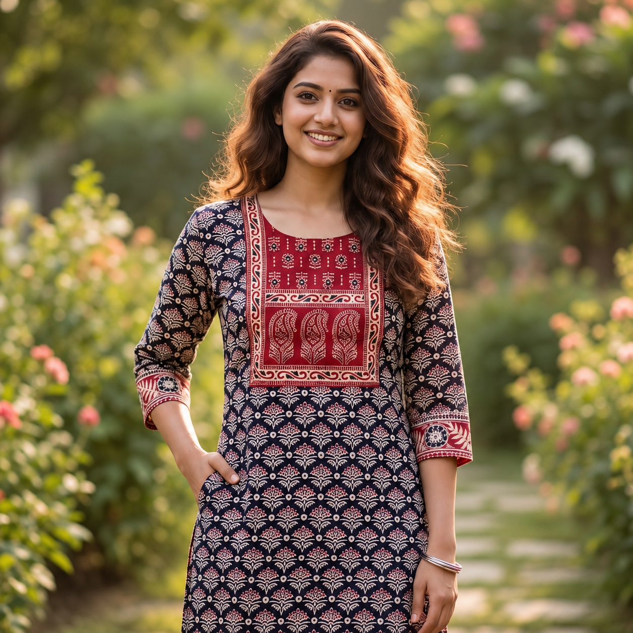 Women's Navy Blue & Maroon Ajrakh Cotton Straight Kurti with Printed Yoke SKU CAC-KL-AC-NM-1