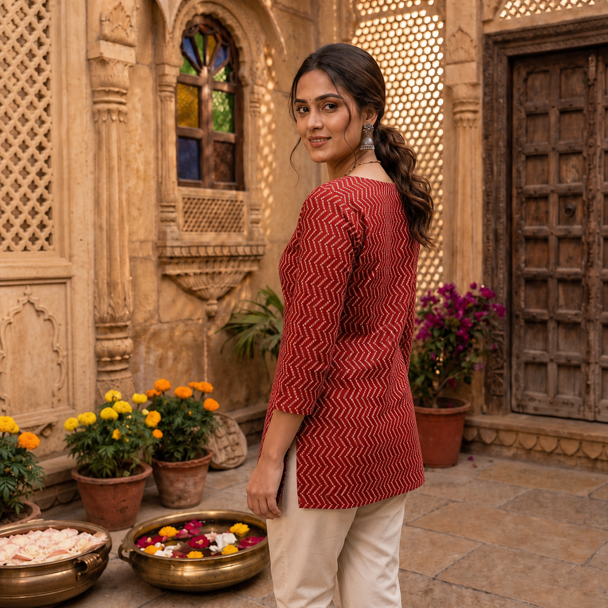 Red Geometric Printed Kurti with 3/4 Sleeves SKU CAC-KS-GP-R-1