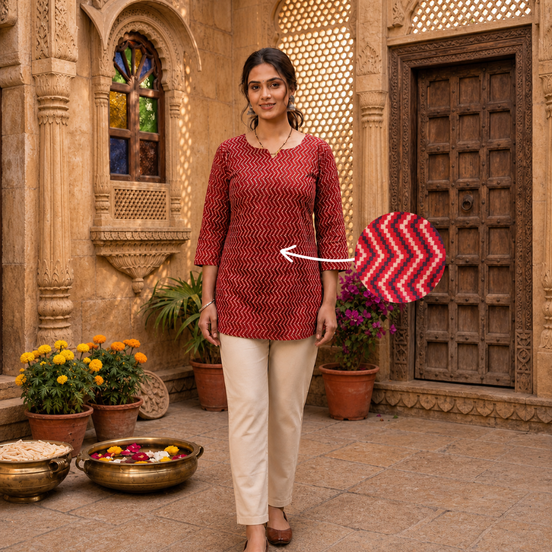 Red Geometric Printed Kurti with 3/4 Sleeves SKU CAC-KS-GP-R-1