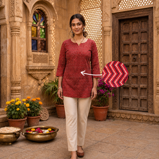 Red Geometric Printed Kurti with 3/4 Sleeves SKU CAC-KS-GP-R-1