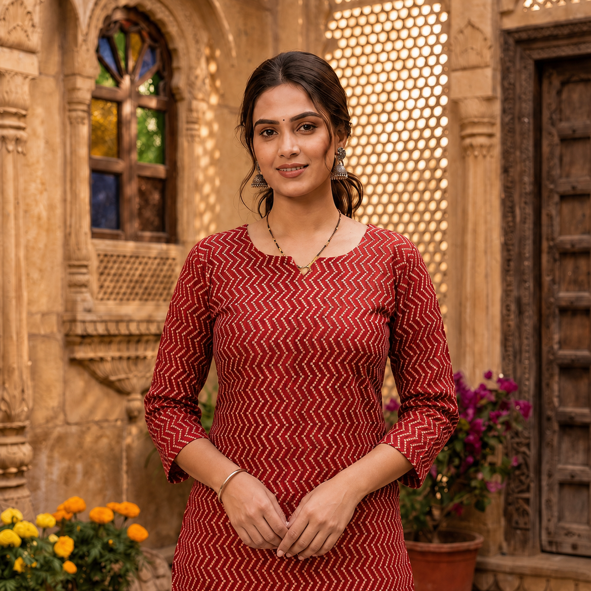 Red Geometric Printed Kurti with 3/4 Sleeves SKU CAC-KS-GP-R-1